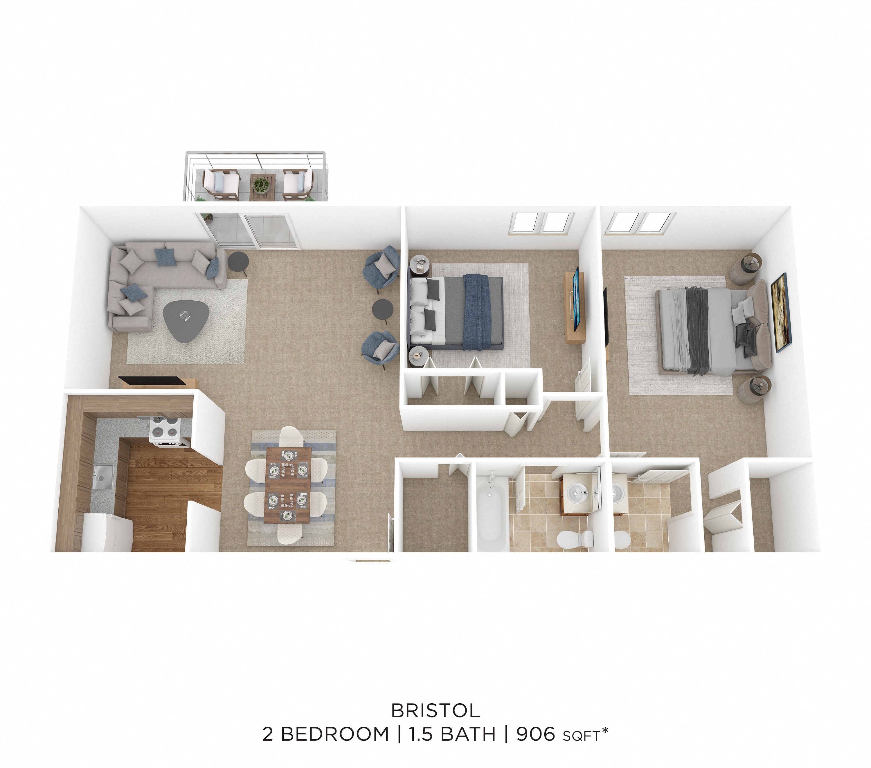Floor plan for 2 beds, 1.5 baths, 906 sqft